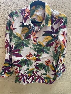 Chico's White Button-Down Shirt with Green, Yellow & Purple Tropical Print